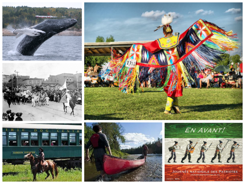 From top right, clockwise; a pow-wow in Nova Scotia; a poster promoting Patriot Day celebrations in Quebec; canoeing at Paddlefest, New Brunswick; a train robbery enactment in progress in Manitoba; Victoria Day parade in Victoria, BC, circa 1920s; whale watching in Tadoussac, QC.